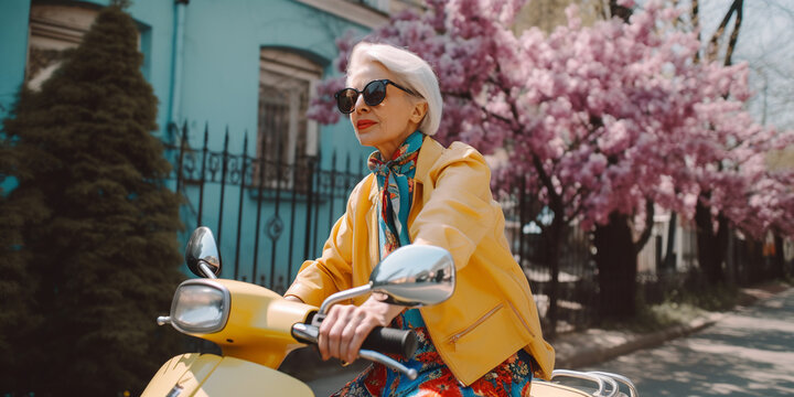 Generative AI, a gray-haired elderly stylish woman in glasses on an electric scooter or moped rides along a blooming spring European street, grandmother and modern transport, old age, active lifestyle