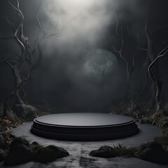 dark empty podium, mock up placement display, blank stand for cosmetic product fashion ads on minimal dark Halloween background