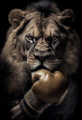 Fototapeta na wymiar Portrait of a lion with boxing gloves. AI Generated