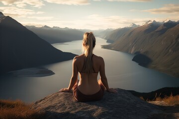 Fototapeta na wymiar photo of a person sitting on a rock meditating on a beautiful mountain landscape