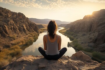 photo of a person sitting on a rock meditating on a beautiful mountain landscape