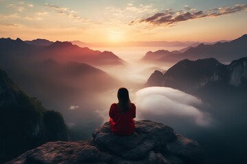 Naklejka na ściany i meble photo of a person sitting on a rock meditating on a beautiful mountain landscape