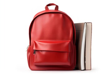 red school backpack with some books isolated on white background png