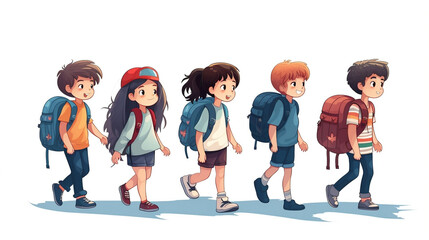 Fototapeta premium A group of schoolchildren go to school with a backpack new quality, universal colorful technology, illustration design, generative artificial intelligence