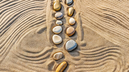 Fototapeta na wymiar Pebble stones lie on the sand in definite order. Zen meditation. Generative AI