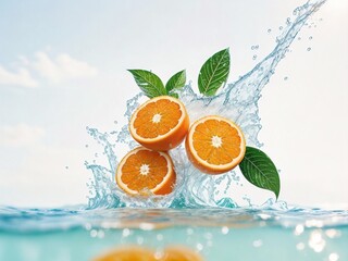 Fresh oranges and pure water splash isolated on white background.