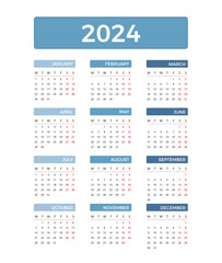 2024 Calendar, week starts on Monday, vector eps10 illustration