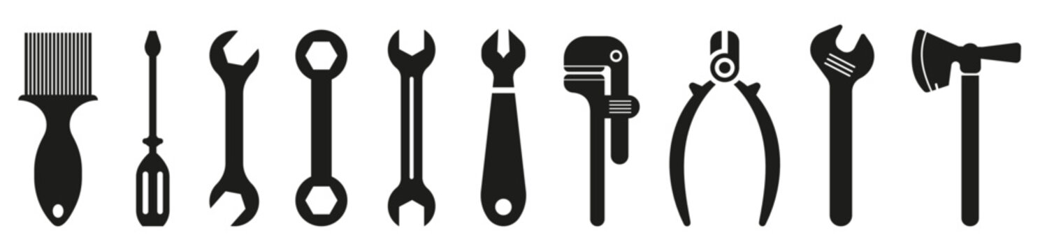  onstruction tools. Adjustable wrench, pliers, hammer vector silhouette. Paint brush for painting walls.