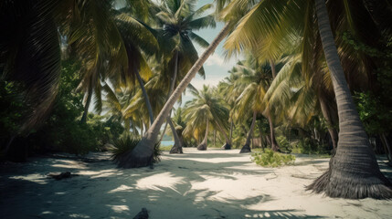 Palm trees on the beach on a tropical island in the Maldives.