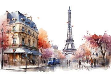 A beautiful Parisian street scene with a view of the Eiffel Tower, painted in watercolor style, isolated on a transparent background for design layouts ai generate