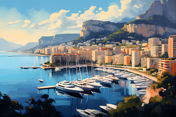 Monaco harbor coast during the day. Generative AI - obrazy, fototapety, plakaty