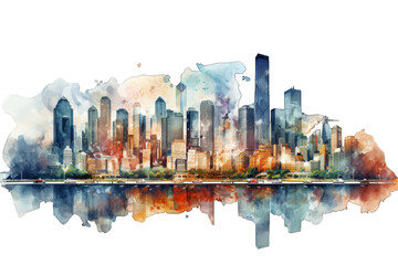 A bustling cityscape with tall skyscrapers, captured in watercolor style, isolated on a transparent background for design layouts ai generate