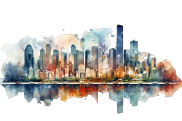 Fotobehang Aquarelschilderij wolkenkrabber A bustling cityscape with tall skyscrapers, captured in watercolor style, isolated on a transparent background for design layouts ai generate