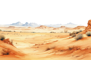 A panoramic view of a desert with shifting sand dunes, depicted in watercolor style, isolated on a transparent background for design layouts ai generate - obrazy, fototapety, plakaty