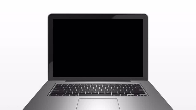 Camera transition moving in and out of laptop screen on alpha channel background. 