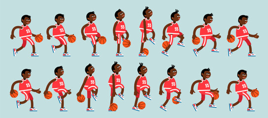 A cartoonish African American basketball player dribbling a ball - a sequence of positions. Basketball player frames for animation. Vector illustration.