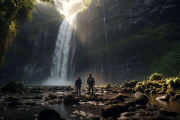 Photograph of people exploring stunning waterfalls, Generative AI