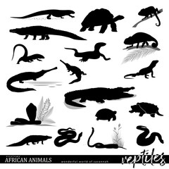 African reptile silhouettes set with wildlife scenes. African savannah animals. Vector illustration.	