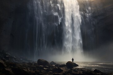 Photograph of people exploring stunning waterfalls, Generative AI