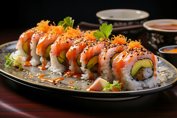 japanese sushi with salmon, uramaki as sushi roll with seeds