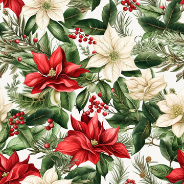 Botanical Christmas seamless pattern with florals and evergreen sprigs, tileable holiday country style print for wallpaper, wrapping paper, scrapbook, fabric and product design, generative ai