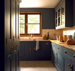 Dark blue country kitchen design, interior decor and house improvement, classic English in frame kitchen cabinets, countertop and applience house, elegant cottage style, generative ai