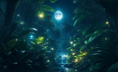 Fototapeta na wymiar The magical jungle with moonlight, Generative AI Illustration.