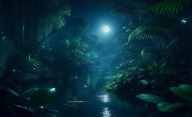 Fototapeta na wymiar The magical jungle with moonlight, Generative AI Illustration.
