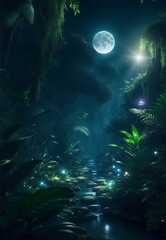 Fototapeta premium The magical jungle with moonlight, Generative AI Illustration.
