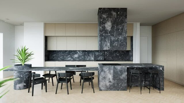Animation of a modern and spacious kitchen, presenting the same interior in different color versions with changing decors and finishing materials. 3D render
