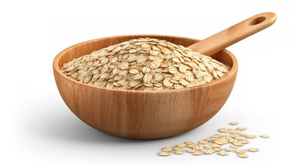 Raw oatmeal in a white wooden bowl on a blue background. Generative Ai