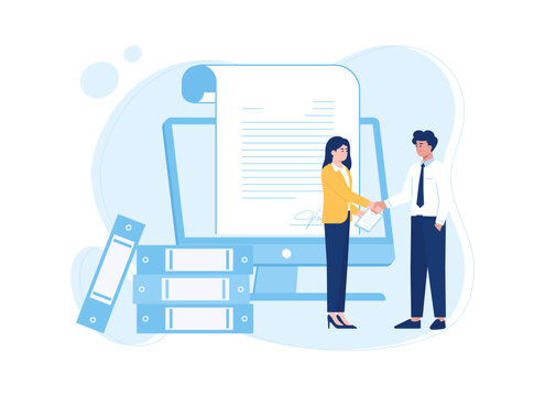 Two People Shaking Hands With Contract Signature Paper Concept Flat Illustration