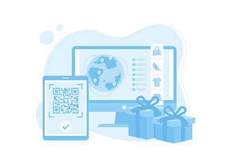 Sales website on computer with barcode payment concept flat illustration