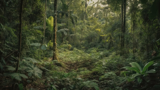 Panorama of dense jungle, wild forest with palm trees and tropical plants.