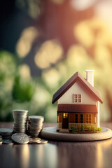 ai generated illustration Small model house with coins, buy and sell house