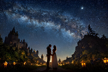 A princess and her warrior love holding hands as they share a tender moment together under a starry night sky. Two star-crossed lovers meet secretly under a canopy of stars. Fantasy generative AI.