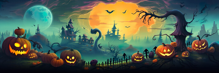 Obraz na płótnie Canvas Halloween pumpkin patch in the moonlight. Jack O Lantern party. Horizontal banner.