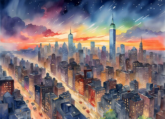 Watercolor painting of New York City at Night time