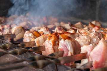 Traditional georgian mtsvadi, grill on the coals with smoke. Shashlik