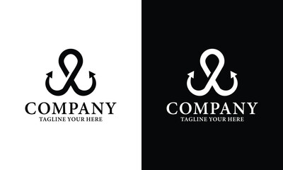 Fototapeta premium Fishing Logo On Letter W Sign, Fishing Hook Logo on a black and white background.