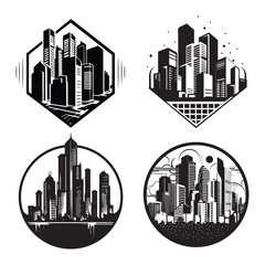 Megacity with tall buildings and skyscrapers. Vector logo set.