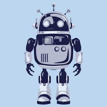Mechanical iron robot isolated on a blue background. Vector drawing cartoon