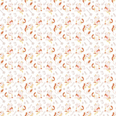 Seamless pattern with three cute cats and cat toys. Doodle color vector illustration.