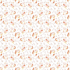 Seamless pattern with three cute cats and cat toys. Doodle color vector illustration.