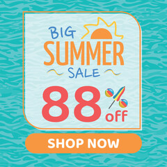 Big Summer Sale 88% off, Orange and Blue, Beach Balls and Beach Umbrella form the Percentage Symbol, Pool Water Background, Shop Now