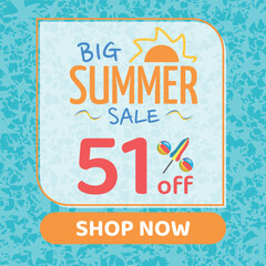 Big Summer Sale 51% off, Orange and Blue, Beach Balls and Beach Umbrella form the Percentage Symbol, Pool Water Background, Shop Now