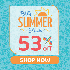 Big Summer Sale 53% off, Orange and Blue, Beach Balls and Beach Umbrella form the Percentage Symbol, Pool Water Background, Shop Now
