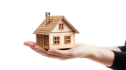 Hand holding a model house. Isolated on white background. Generated Ai