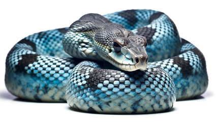 Fototapeta premium Blue viper snake closeup face. Isolated on white background. Generated Ai