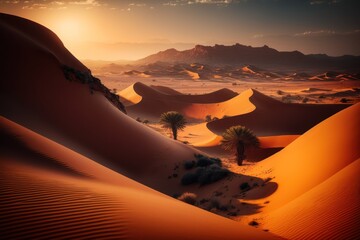 Fototapeta na wymiar Empty Desert Dunes. Sand and mountains at the background. Generative Ai